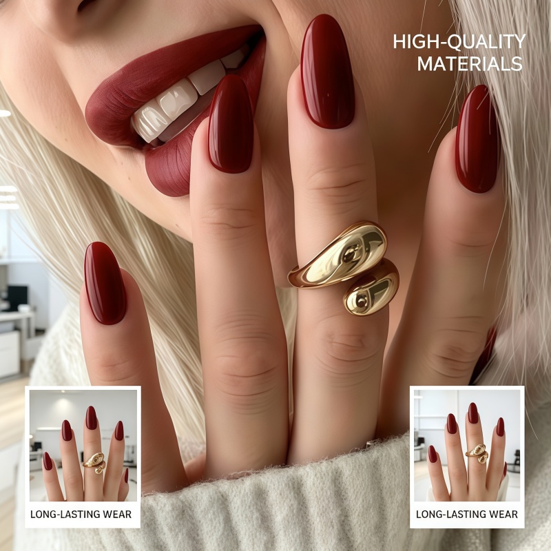 Nail Art Red Wine - 2026 جديد 24 قطعة أظافر صناعية