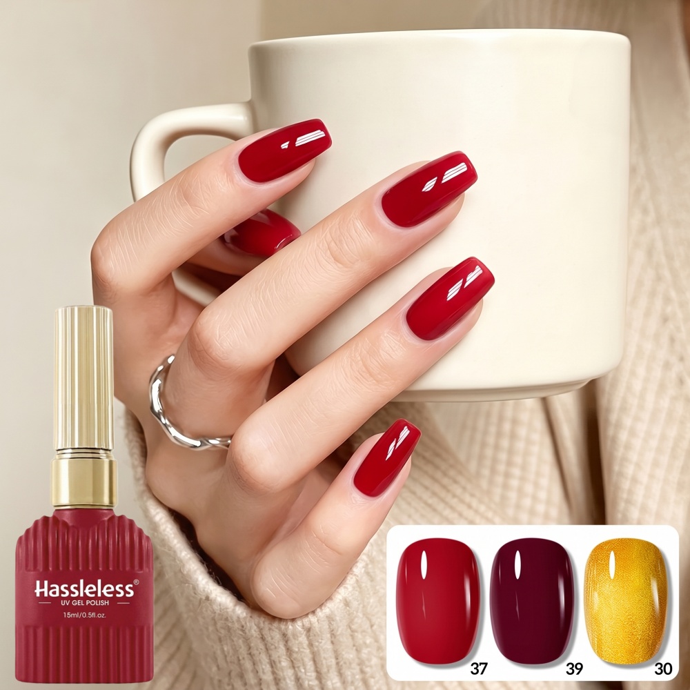 Nail Art Red Wine - مجموعة طلاء أظافر جل ذهبي+أحمر بدون