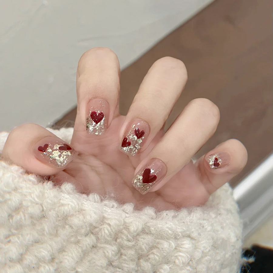 Nail Art Red - 24 قطعة/مجموعة أظافر صناعية قصيرة مربعة