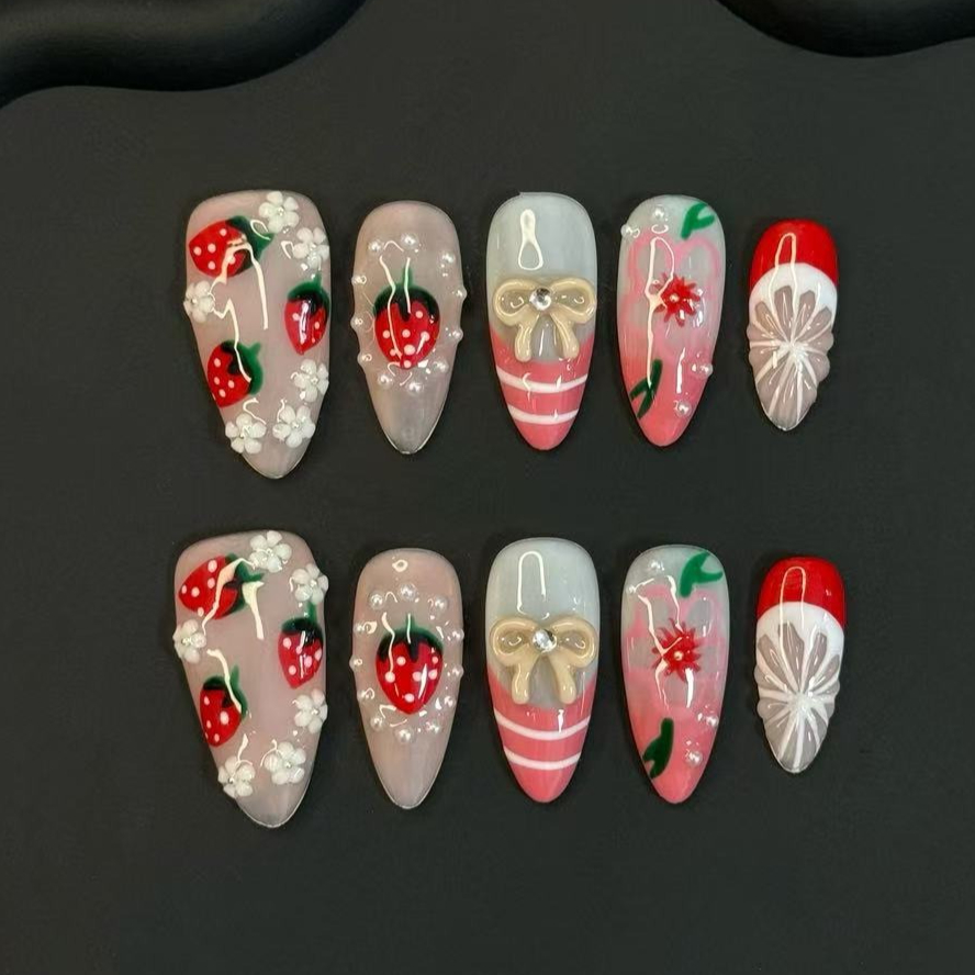 Nail Art Red - 10 قطع أظافر صناعية صيفية جميلة