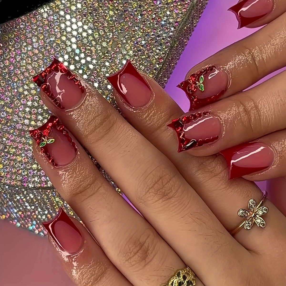 Nail Art Red - 24 قطعة الأظافر وهمية الانتهاء الفرنسية